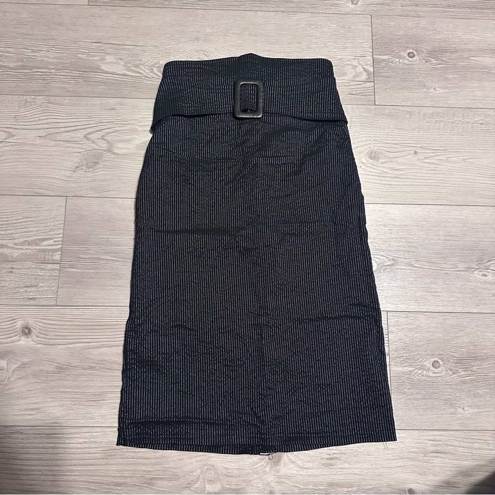 Vintage Y2K French Atmosphere black pinstripe belt buckle midi skirt, Size S